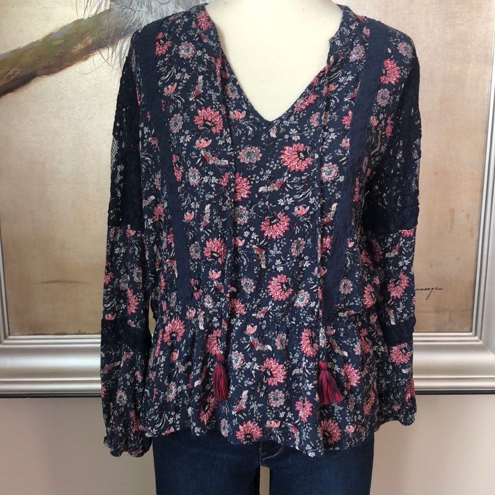 Knox Rose Long Sleeve Lace Blue Floral Blouse Top